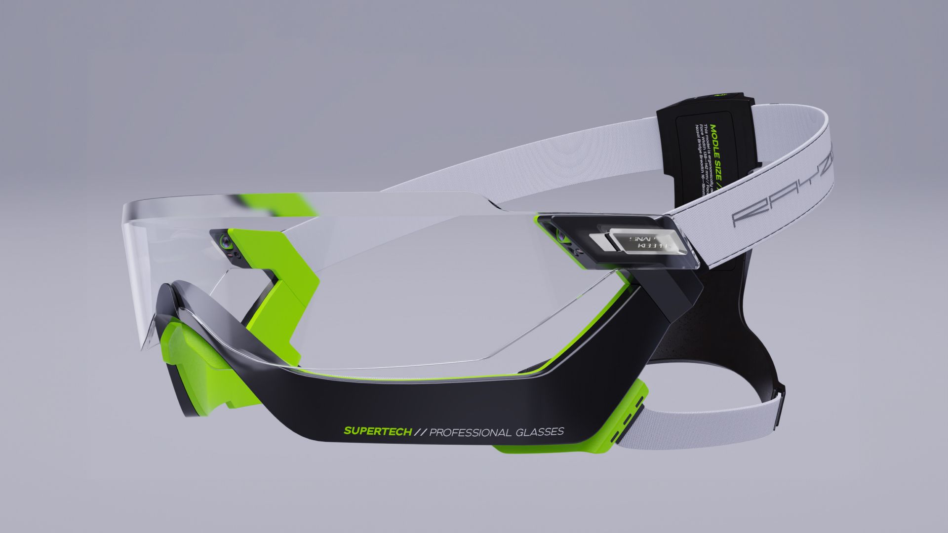 Three-quarter view of the Rayzor goggles showing the green frame, clear visor and adjustable head strap.