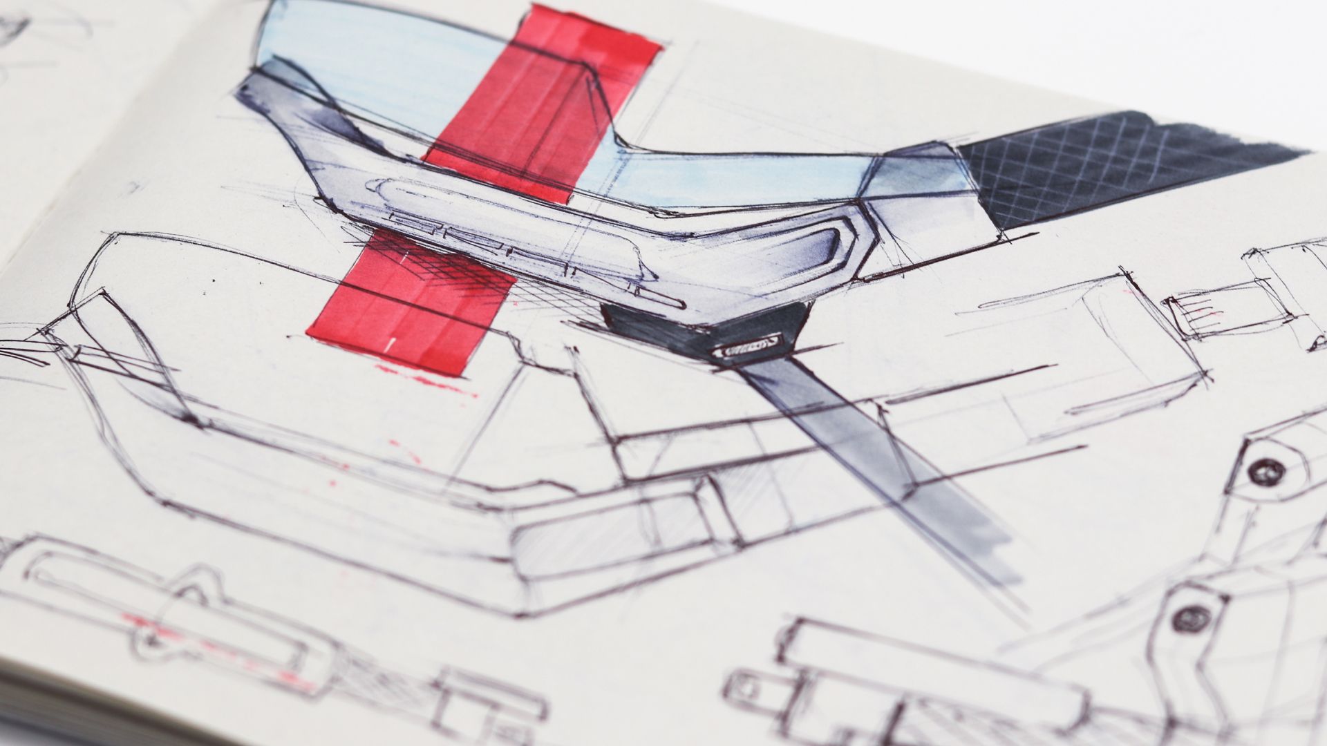 Early concept sketches of the Rayzor goggles marked with red design notes.