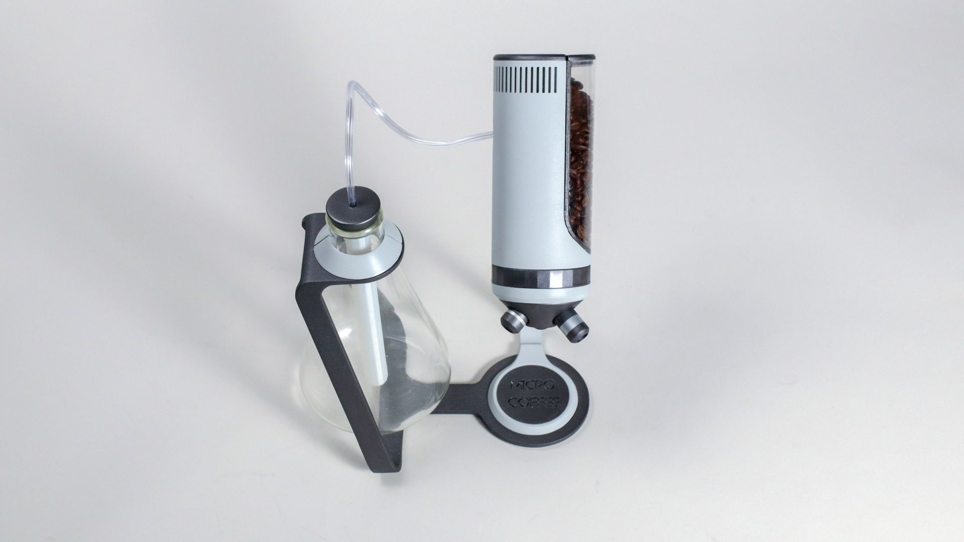 Front three-quarter view of the assembled Microcoffee brewer.