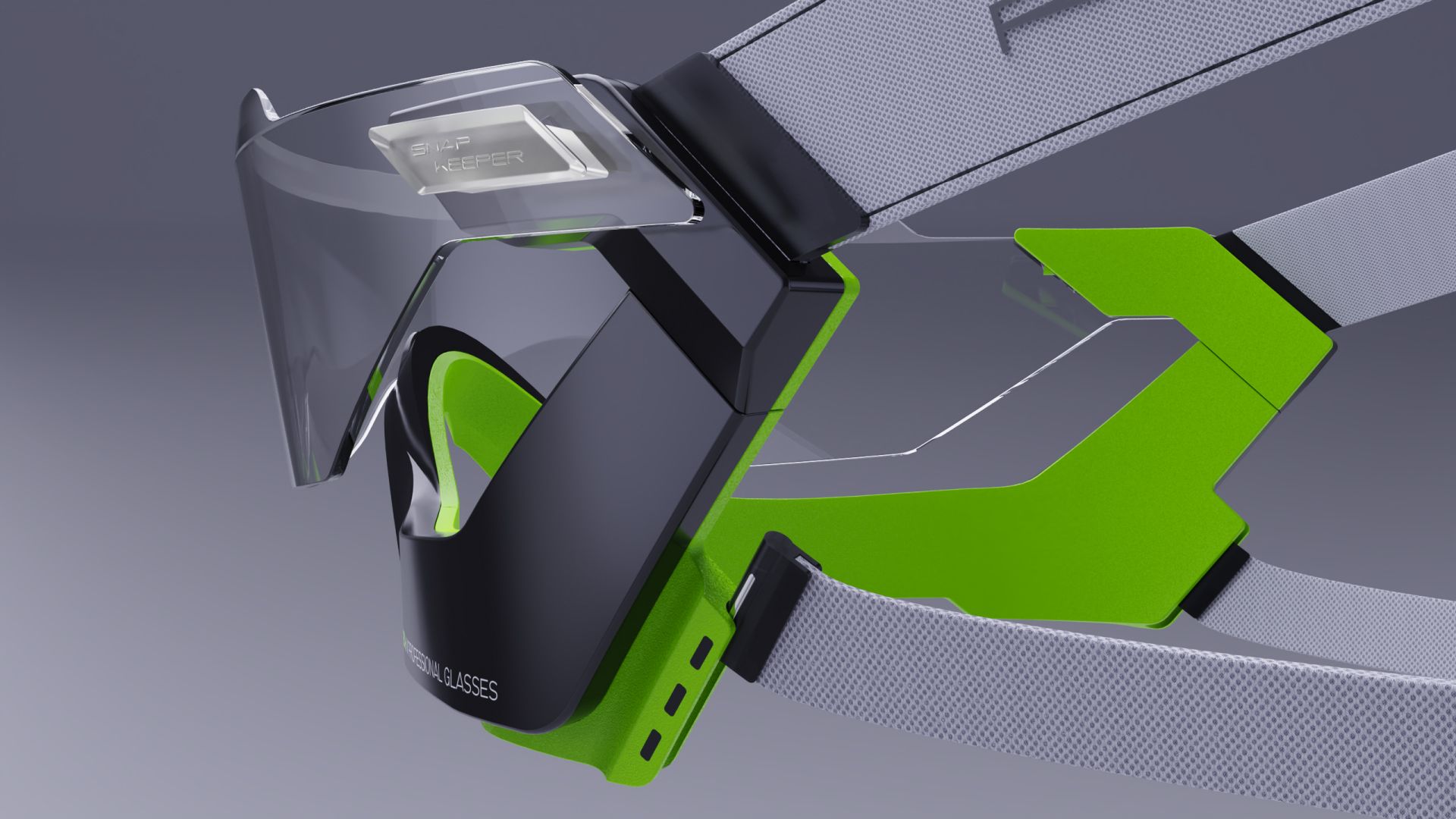 Close-up of the Rayzor temple module — the camera and electronics housing with a green accent.
