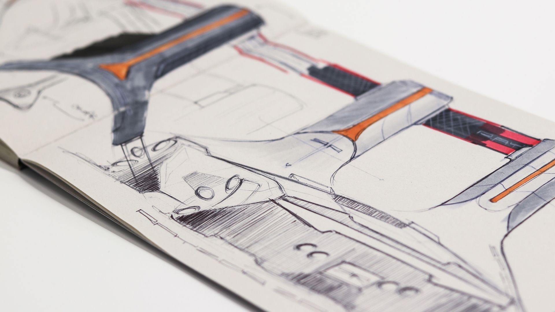 Hand-drawn ideation sketches exploring the Rayzor form and ergonomics.