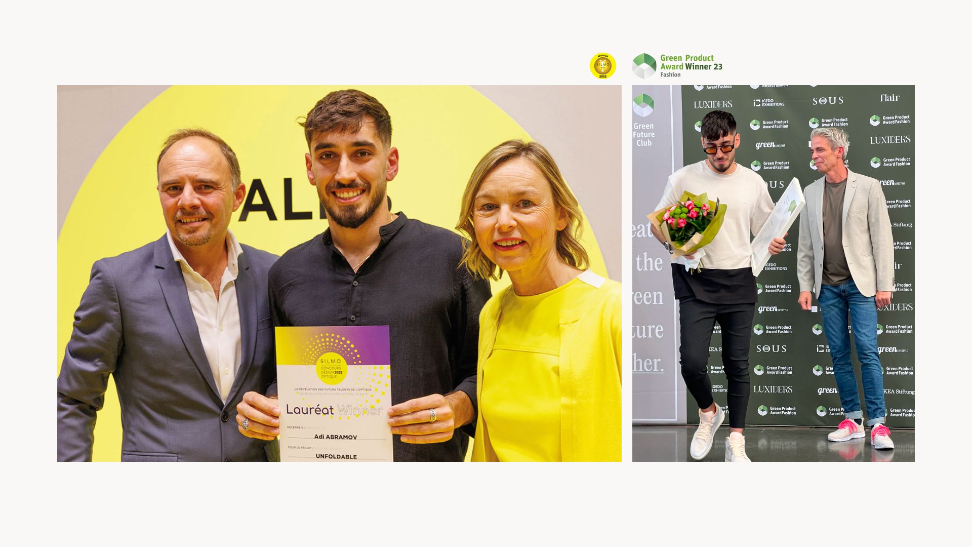 Adi Abramov receiving the Green Product Award on stage, holding the award certificate.