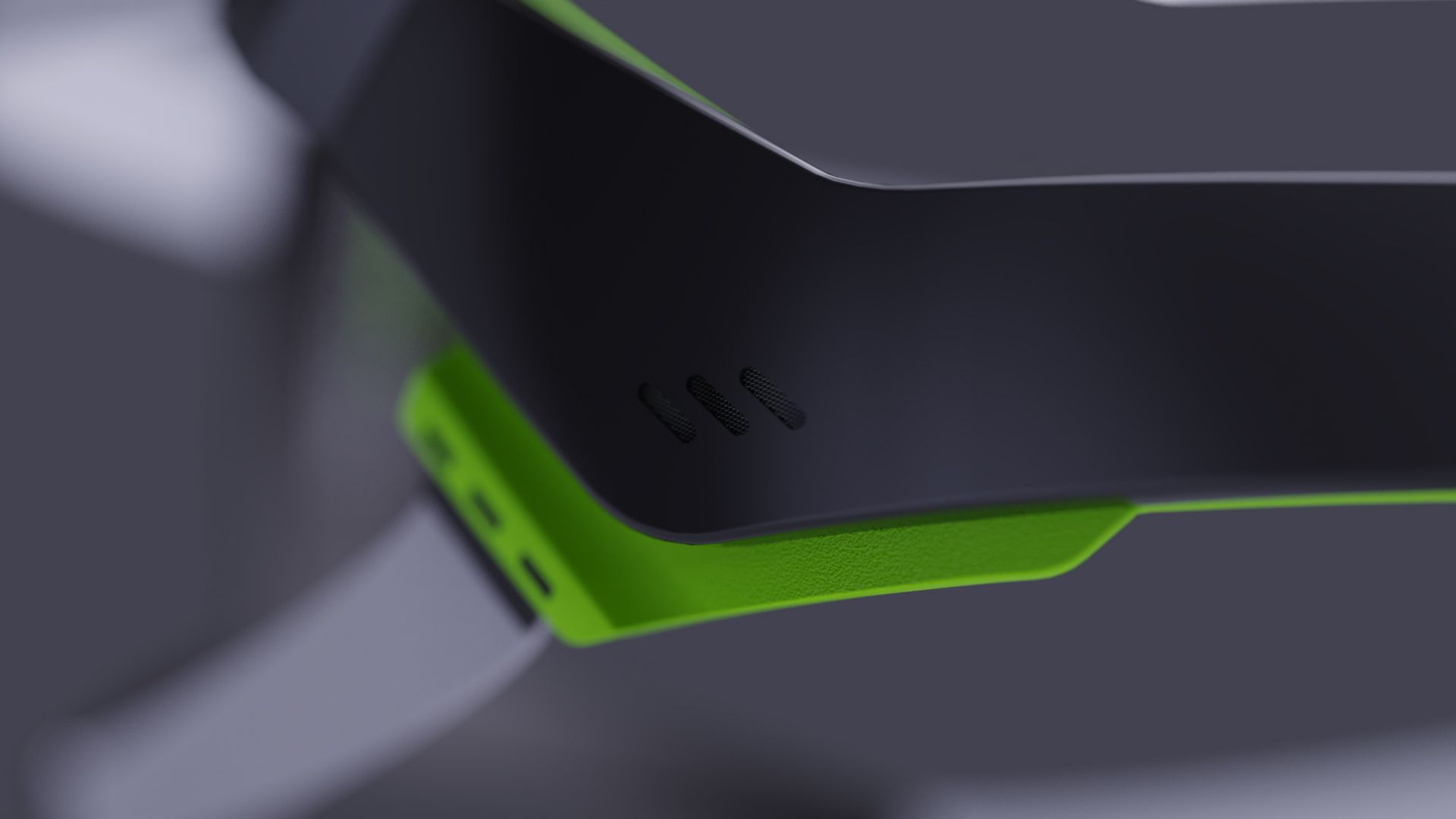 Macro detail of the Rayzor temple and electronics housing with a green accent.