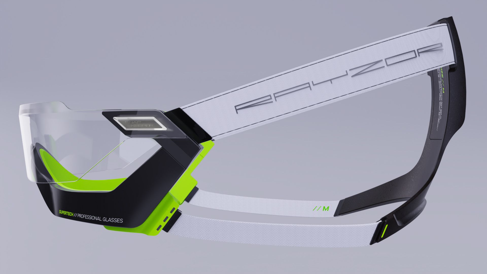 Three-quarter studio render of the Rayzor glasses in white, black and green with the RAYZOR wordmark on the temple.