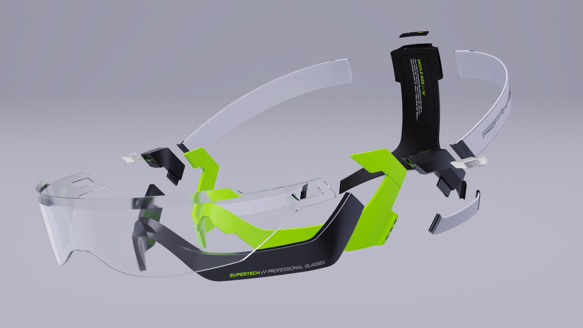 Three-quarter render of the Rayzor goggles highlighting the clear visor and green frame.